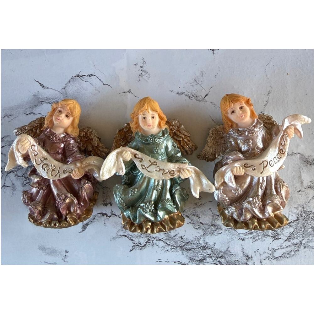 SKU3398 Set of 3 Vintage Angel Figurines (Faith, Love, & Peace Banners) 3"x3"